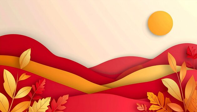 Paper Cut Style Autumn Valley with Red Hills Golden Leaves and Sun Cream Background Seasonal Concept