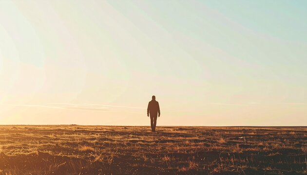 Lone Silhouette Figure Walking on Golden Grassland at Sunset Warm Light Natural Background Journey Concept