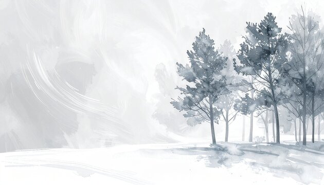 Winter Blizzard Trees Watercolor Illustration Misty Snow Scene White Background Nature Concept