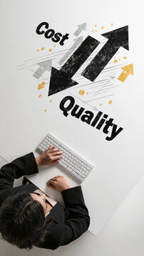 Cost and Quality Dynamics: A professional working at a desk views a visual representation of increasing costs and decreasing quality, symbolizing a critical business challenge.