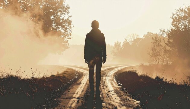 Silhouette Figure Standing on Misty Forked Road at Dawn Digital Art decision and journey concept warm beige background