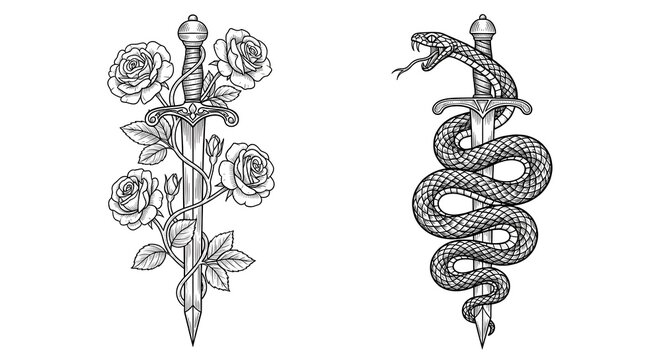 Dagger set illustrations featuring roses and a coiled snake