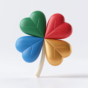 Four-leaf clover sculpture in red, yellow, green, and blue, mounted on slim white stem, presented against clean minimalist white background with faint shadows, conveying artistic style.
