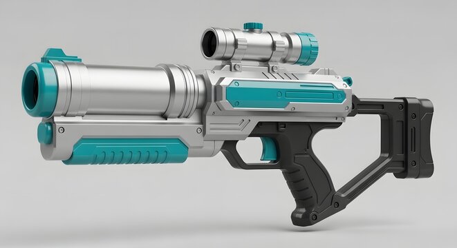 Futuristic silver and teal laser gun with a scope on white background