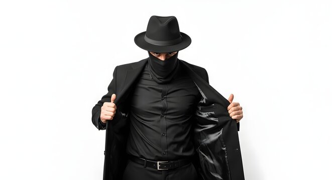 Mysterious figure in black suit and hat covering face