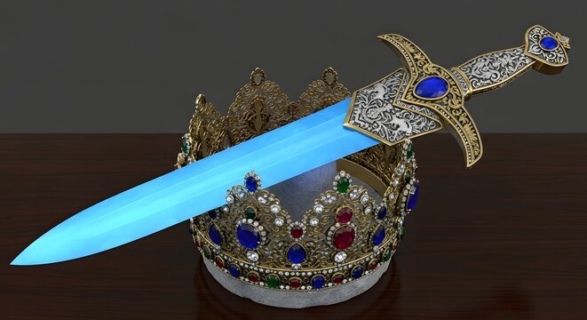 Ornate golden crown with colorful gems and a luminous blue sword