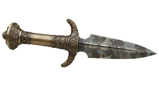 Vintage ornate dagger with an aged blade on white background