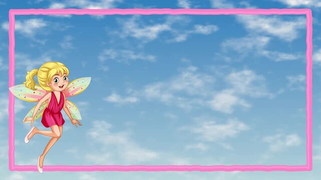 Cartoon Fairy Flying on Cloudy Sky Background with Frame