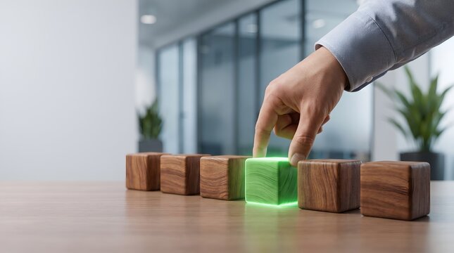 Businessman hand pressing a glowing green wooden block in a row symbolizing correct choice and standing out from the crowd.