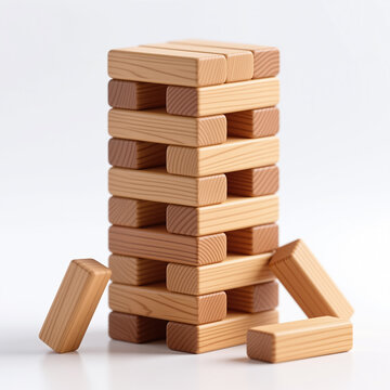 Light-colored wood blocks stacked haphazardly on each other with some falling to the side against a pure white background in a simple, modern still life composition.