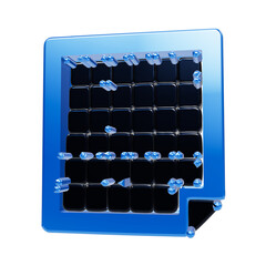 A glossy blue square frame containing a grid of dark black rounded cubes with small metallic blue spheres scattered across the surface area © REZAUL