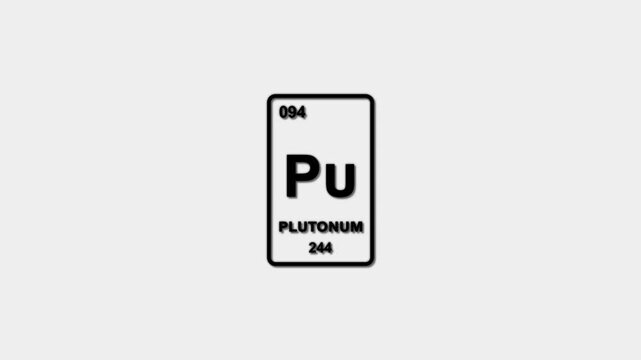 PLUTONUM as Element 94 of the Periodic Table. Design shows name, atomic weight and element number. black background 4k animation