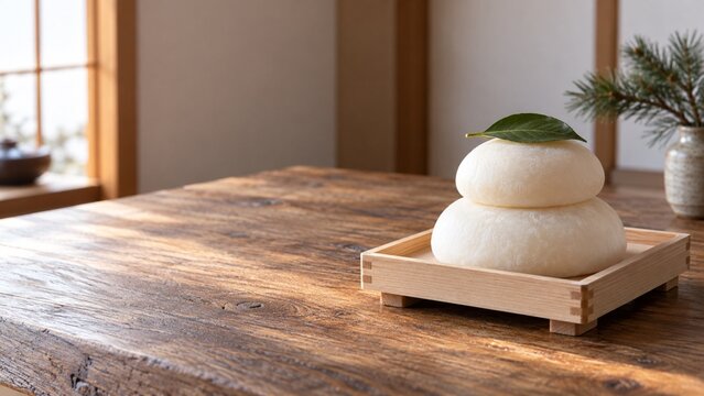 白木の三方に飾った鏡餅の迎春のしつらえ