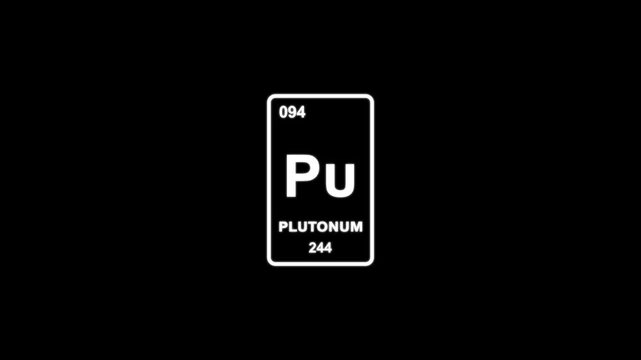 PLUTONUM as Element 94 of the Periodic Table. Design shows name, atomic weight and element number. black background 4k animation