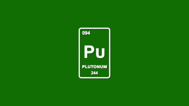 PLUTONUM as Element 94 of the Periodic Table. Design shows name, atomic weight and element number. black background 4k animation