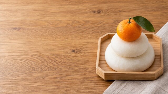 鏡餅と橙を俯瞰で見るお正月の静物