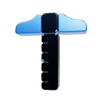 3d rendered t-square drafting tool with a glossy black ruler and bright blue horizontal head, isolated on a white background, engineering