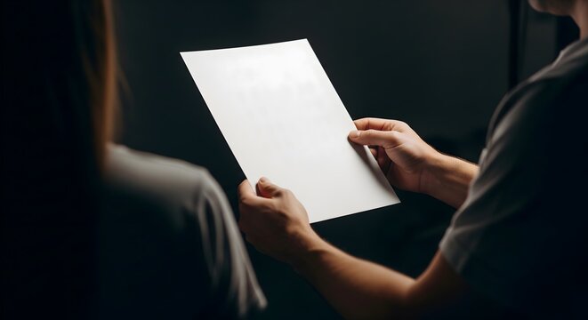 Man holding a blank white paper for mockup in a dark office setting
