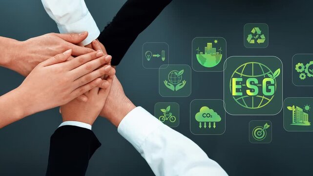 Diverse hands join together, symbolizing collaboration for ESG principles. Icons represent eco-sustainability, social responsibility, and governance impacts on global initiatives. Raster