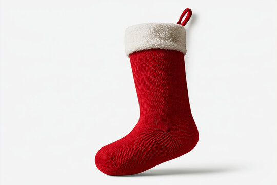 Traditional red knitted christmas stocking with white trim hanging against plain white