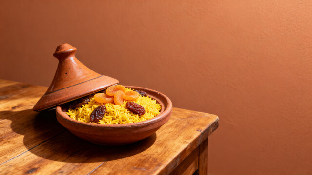Moroccan tagine pot with saffron rice and dried apricots against terracotta wall