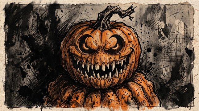 Sinister illustrated Halloween pumpkin head with scary teeth