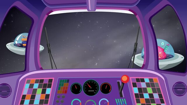 Cartoon Spaceship Cockpit View with Floating Alien Flying Saucers