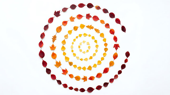 Concentric circles of colorful autumn leaves on white background
