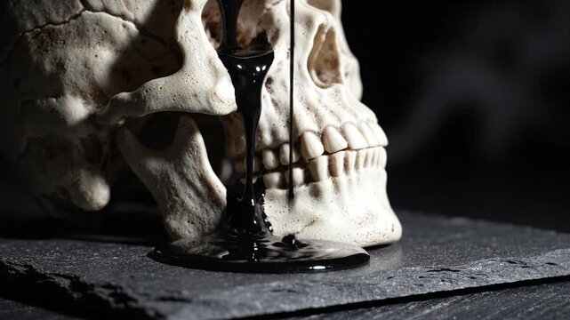 Close-up of human skull with black liquid dripping.