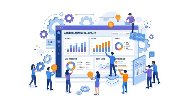 Business team managing data workflows on interactive digital interface.