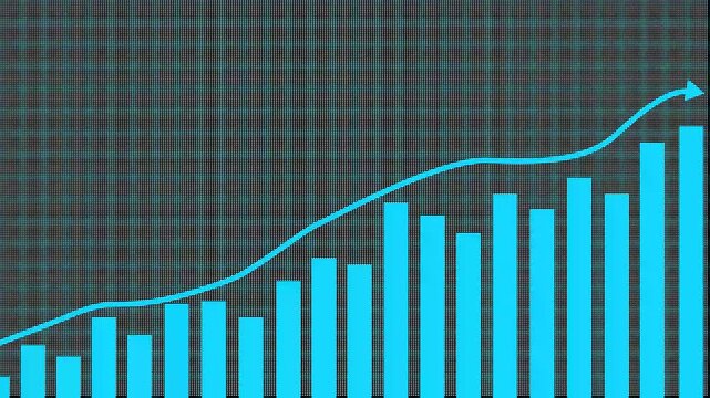 Blue Bar Chart and Rising Arrow Animation Showing Growth Trend on Dark Grid Background 4k video animation.