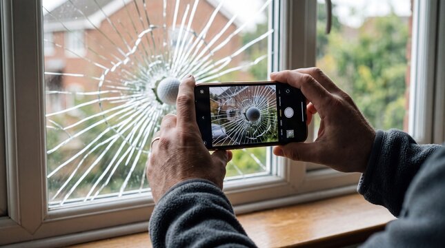 A person uses a mobile phone to capture images of a shattered window pane with severe cracks radiating from the impact zone caused by a projectile in a residential setting during the day light
