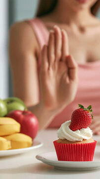 Healthy Choice: A woman makes a conscious decision to reject a tempting cupcake, choosing a healthier lifestyle with fruits in the background.
