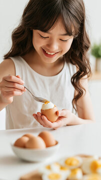 Boiled Egg Breakfast Bliss: A young girl with a radiant smile enjoys a soft-boiled egg, her spoon ready to taste the golden yolk, surrounded by a breakfast spread of fresh eggs