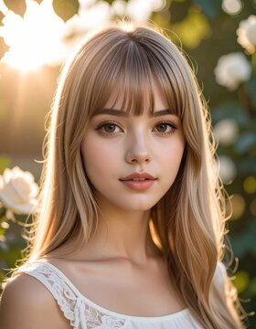 A young woman with long blonde hair and bangs stands outdoors among softly lit white flowers, bathed in warm golden sunlight.