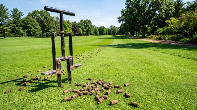 Manual Lawn Core Aerator Tool on Green Grass with Soil Plugs for Turf Maintenance