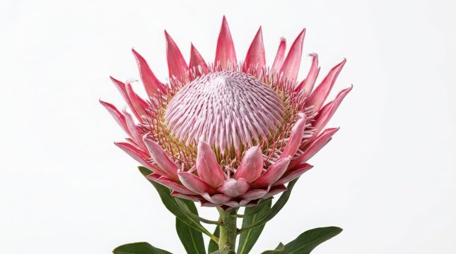 King protea flower in full bloom showcases vibrant pink petals against a white background.