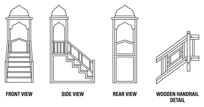 Islamic prayer podium minbar front side rear views with wooden handrail detail.