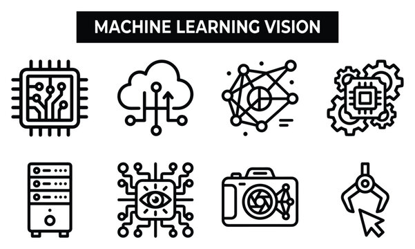 Machine learning vision icons depicting computer vision camera and object recognition technology.