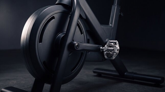 Close up view of stationary smart indoor cycling bike magnetic flywheel and metallic pedals in dark studio