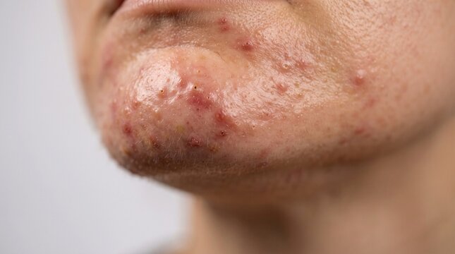 Acne blemishes on inflamed skin close-up view, depicting dermatological condition and skin health.