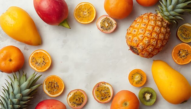 Tropical fruit frame with pineapple, mango, and passion fruit on white background