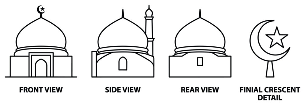 Mosque facade front side rear views and finial crescent detail vector illustration.