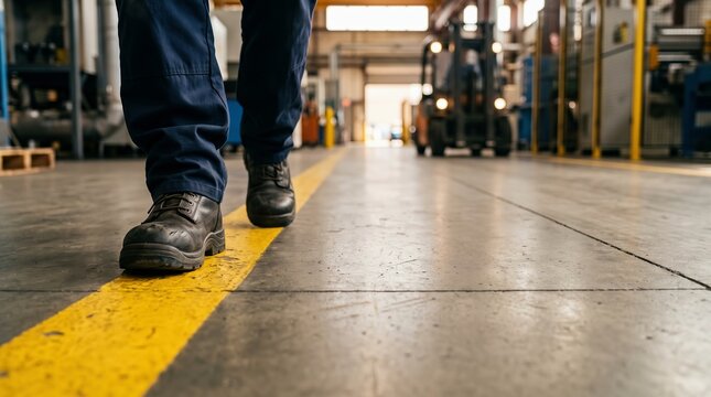 Industrial worker walking in safety boots on factory floor safety line, representing workplace safety and operational efficiency.