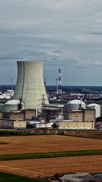 Doel Nuclear Power Plant cooling tower and reactor domes in Antwerp