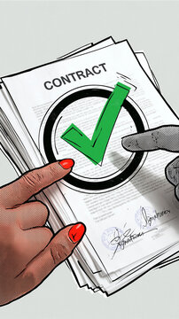 Contract Agreement Approved: A close-up illustration shows two hands, one with red nail polish, pointing towards a 'CONTRACT' document with a large green checkmark inside a circle.