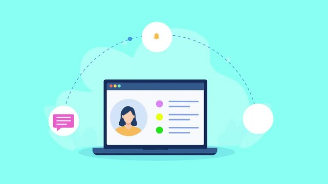 Flat vector animation showing cloud customer management on a laptop with profile, notification, message, and calendar icons on a bright cyan background.