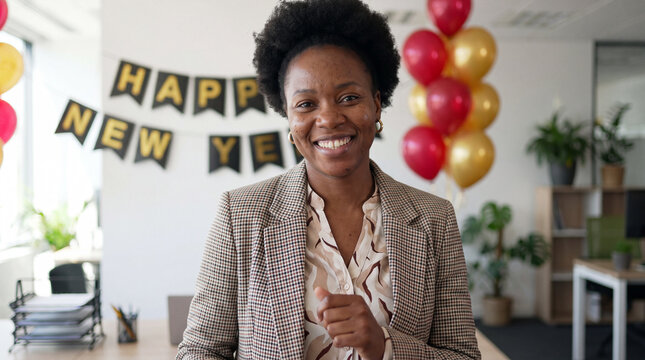 A joyful Black businesswoman dancing alone in a bright office with New Year decorations, expressing confidence and holiday happiness for empowerment campaigns.
