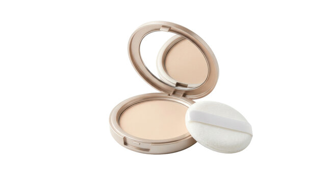 Open compact powder with applicator and mirror reflecting light against a clean white background, a beauty product for makeup application.