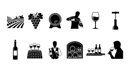 Naklejka premium Wine Icons Set: Vineyard, Grapes, Barrel, Sommelier, Glasses, Bottles, Corkscrew, Cellar